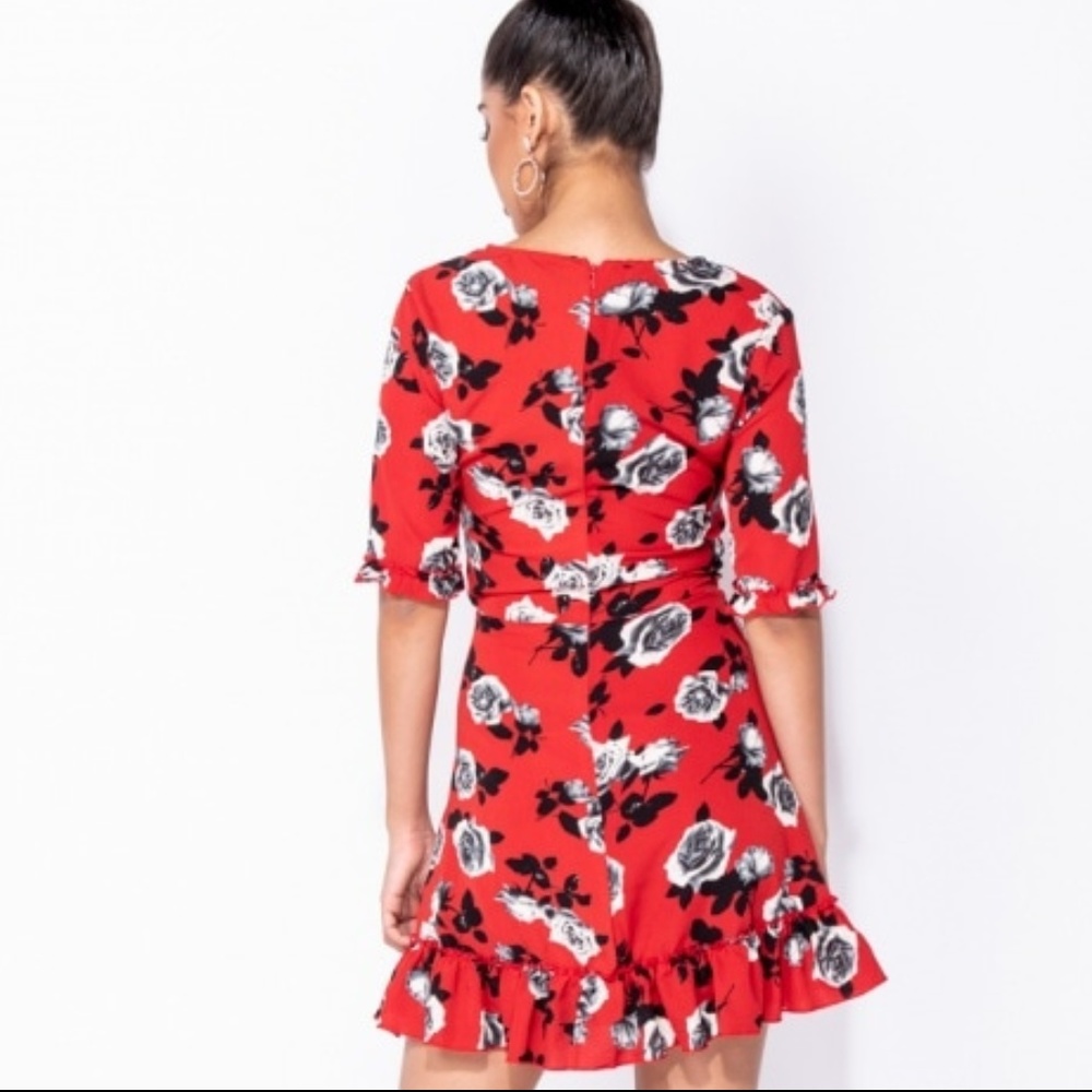 Rose Floral Frill Plunge Neck Flared Mini Dress - Picture 2 of 5